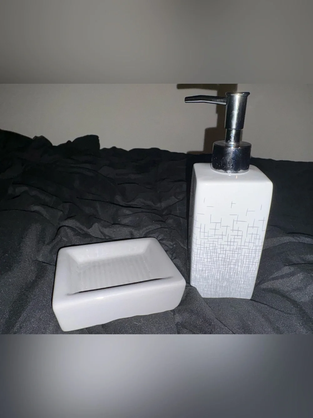 White Ceramic Soap Dispenser and Matching Soap Dish Set